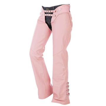 Women pink leather motorcycle chaps front view with buckle straps
