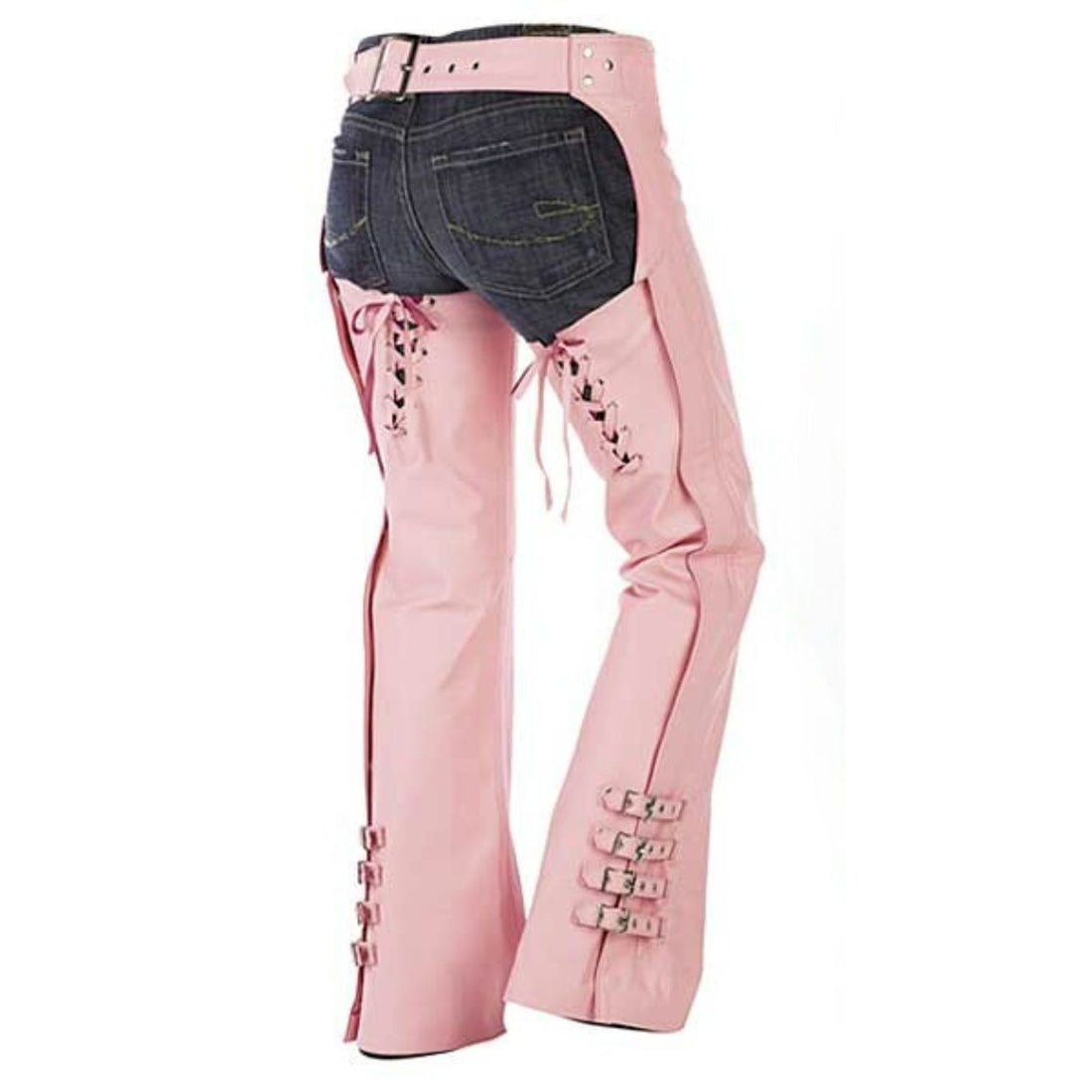 Women pink leather motorcycle chaps front view with buckle straps