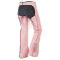 Women pink biker chaps back view with lace-up design and adjustable belt