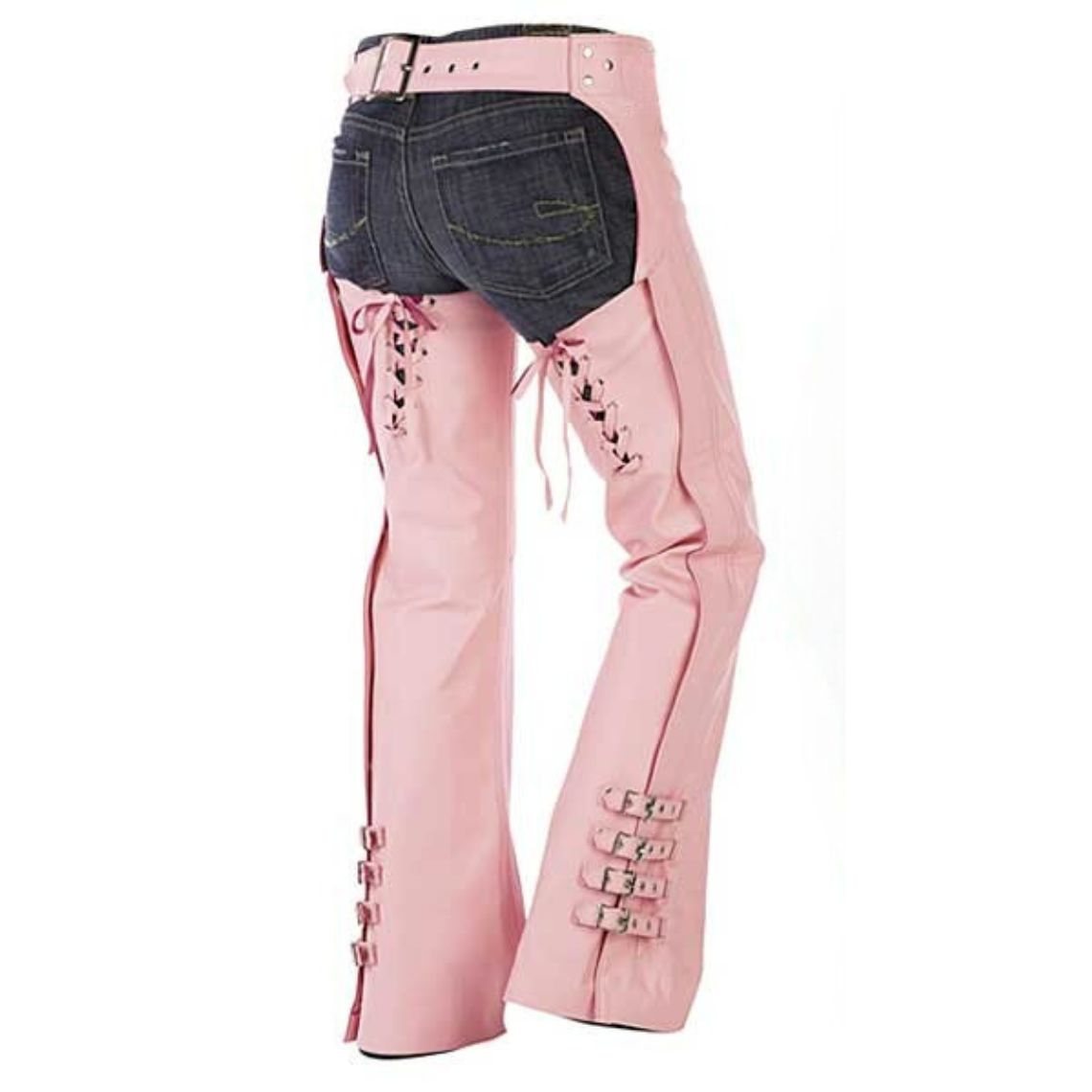 Women pink biker chaps back view with lace-up design and adjustable belt