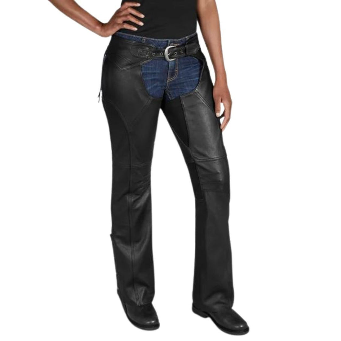 Women’s black leather motorcycle chaps front view with adjustable belt