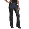 Women’s black leather motorcycle chaps front view with adjustable belt
