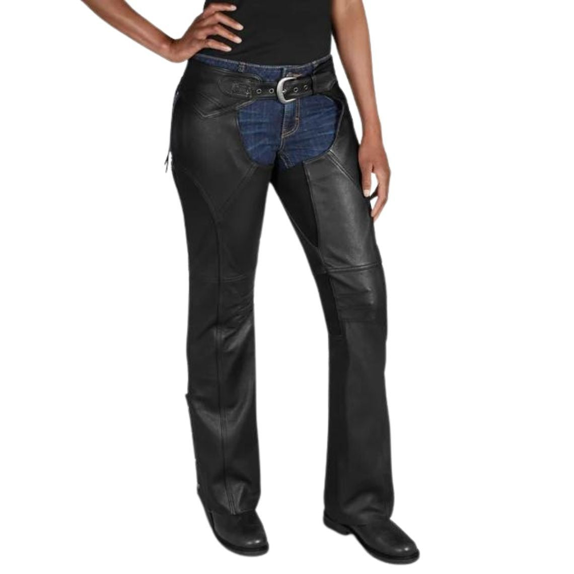 Women’s black leather motorcycle chaps front view with adjustable belt