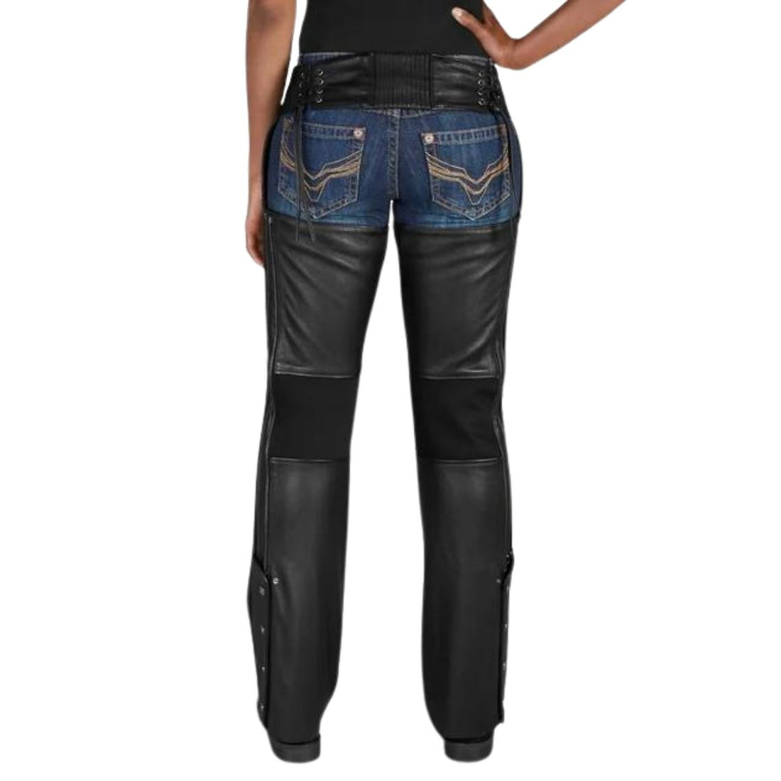 Women’s black leather motorcycle chaps front view with adjustable belt