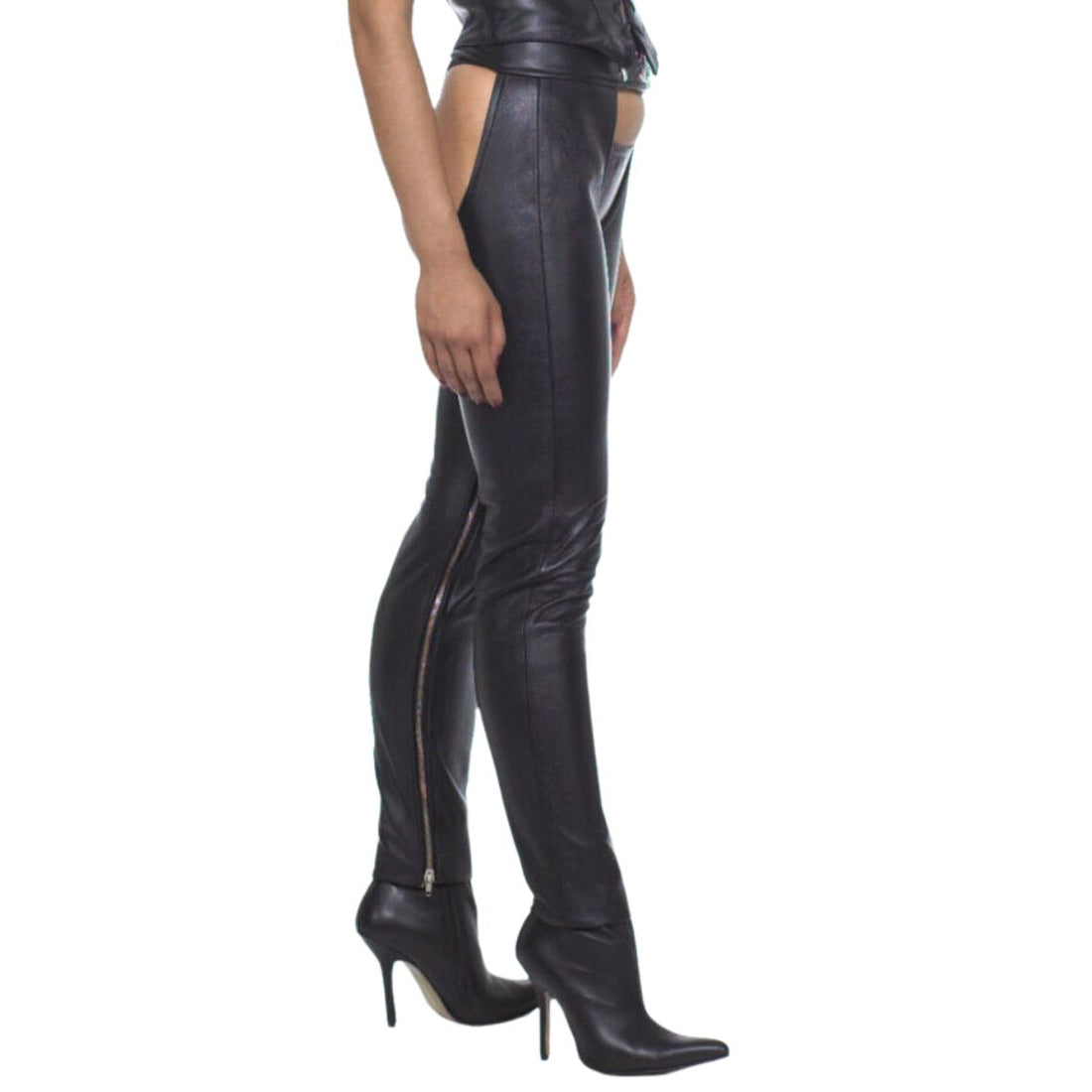 Front view of women’s black leather biker riding chaps with open-back design