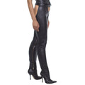 Side view of women’s slim-fit black leather assless motorcycle chaps