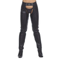 Front view of women’s black leather biker riding chaps with open-back design