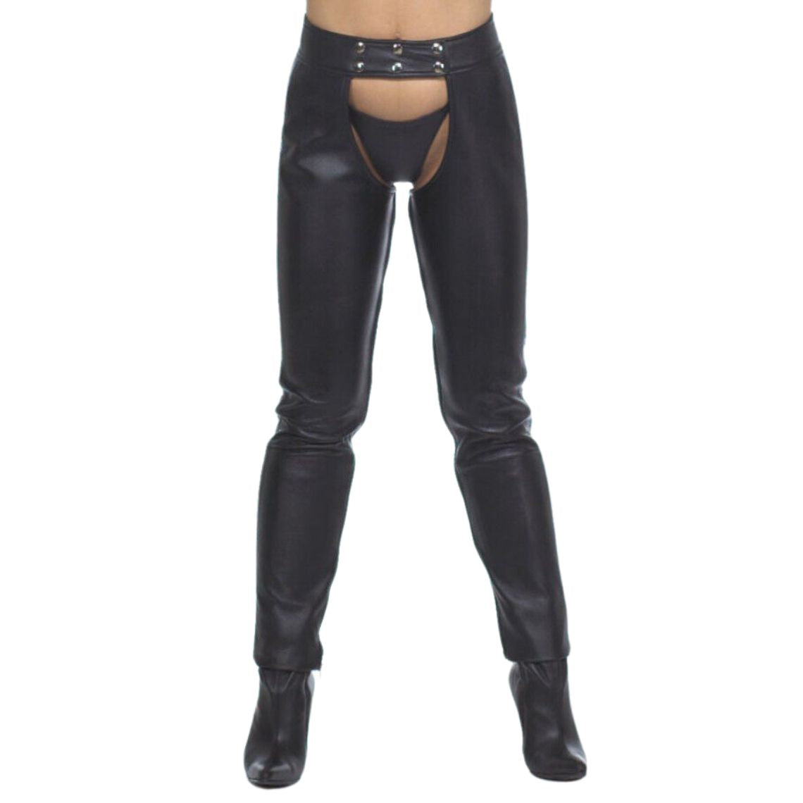 Front view of women’s black leather biker riding chaps with open-back design