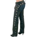 Side view of women’s premium studded black leather assless chaps