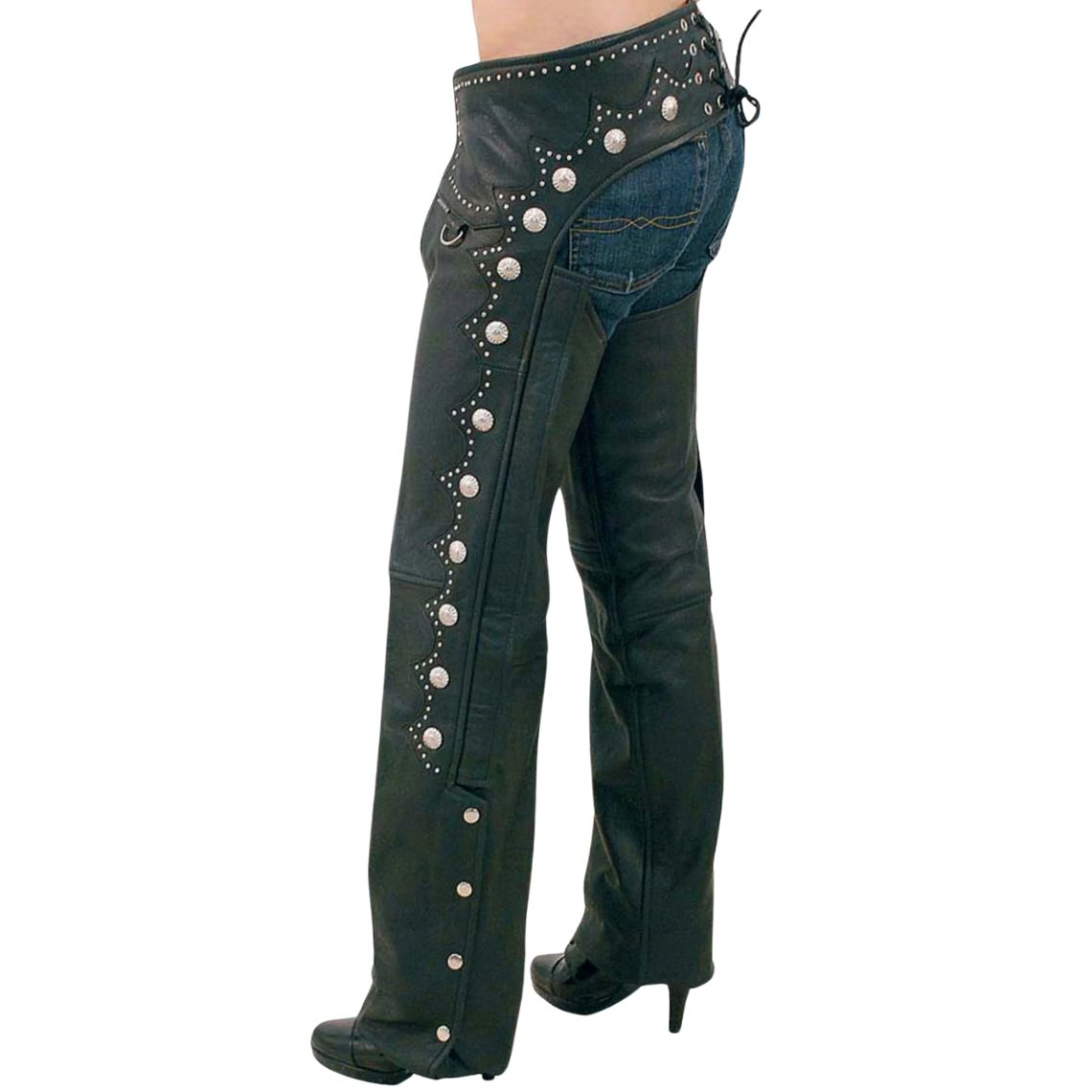 Side view of women’s premium studded black leather assless chaps