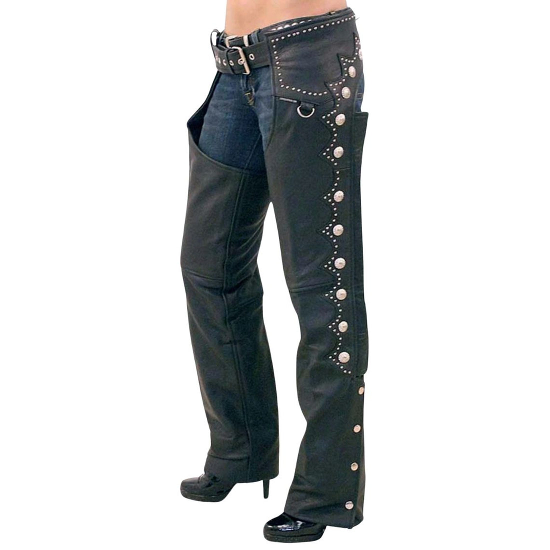 Front view of women’s western studded leather assless chaps