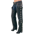 Front angle view of women’s black leather biker chaps with silver conchos