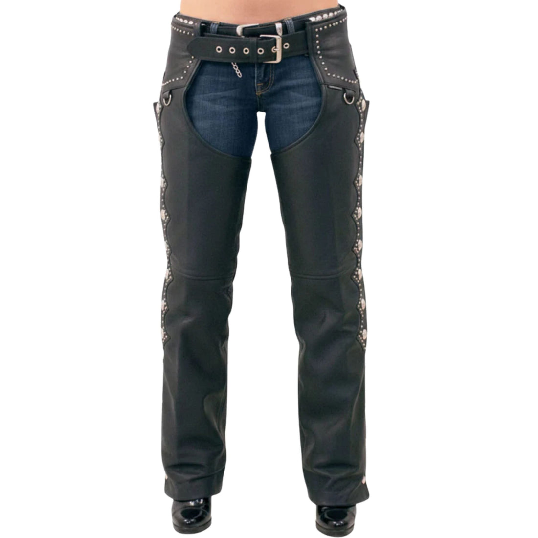 Front view of women’s western studded leather assless chaps
