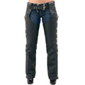 Front view of women’s western studded leather assless chaps