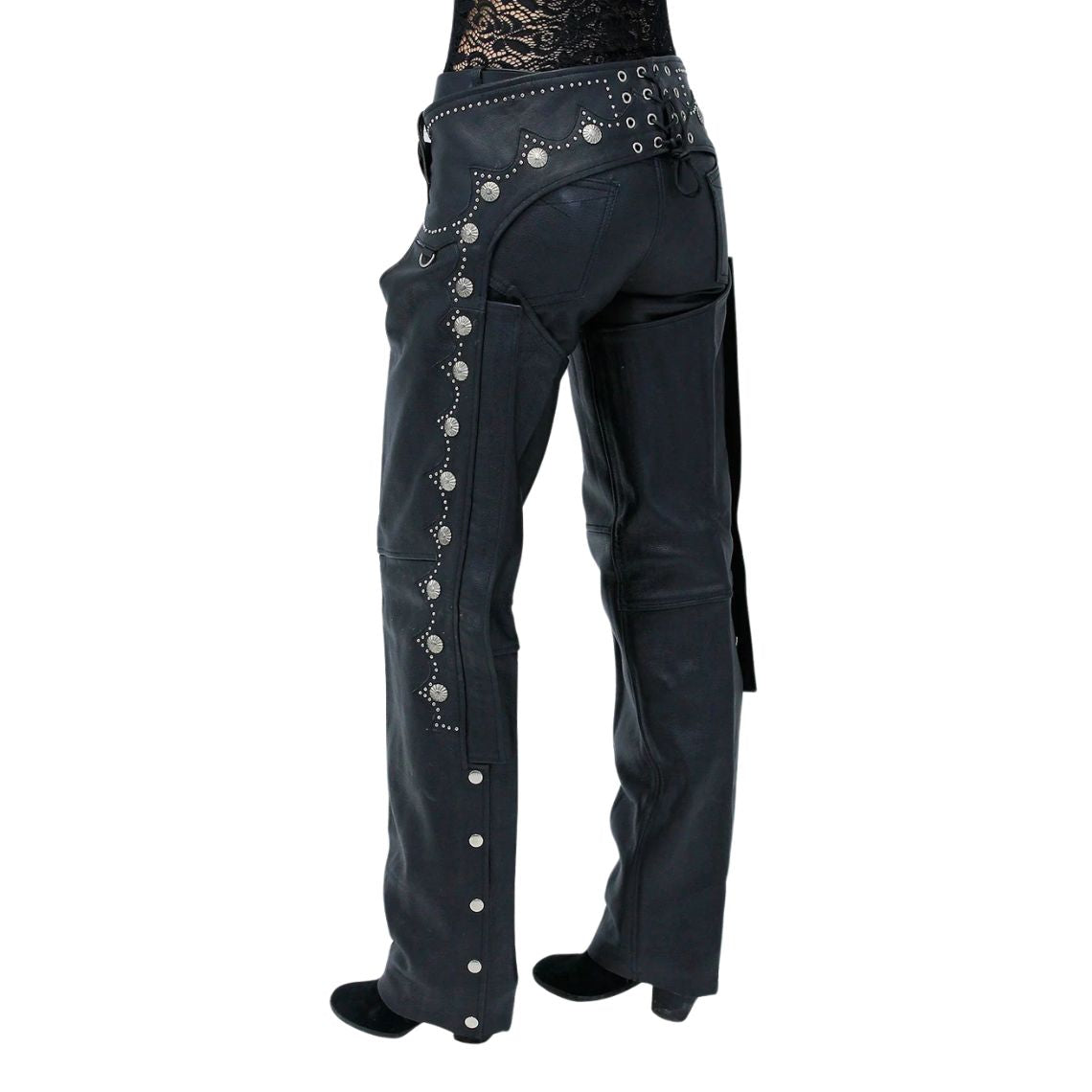 Back-side view of women’s black leather motorcycle chaps with studded detailing