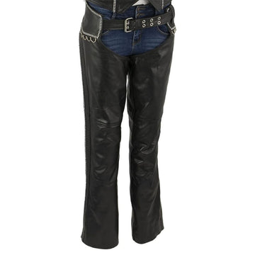 Women’s studded black leather motorcycle chaps front view with side zipper and belt closure