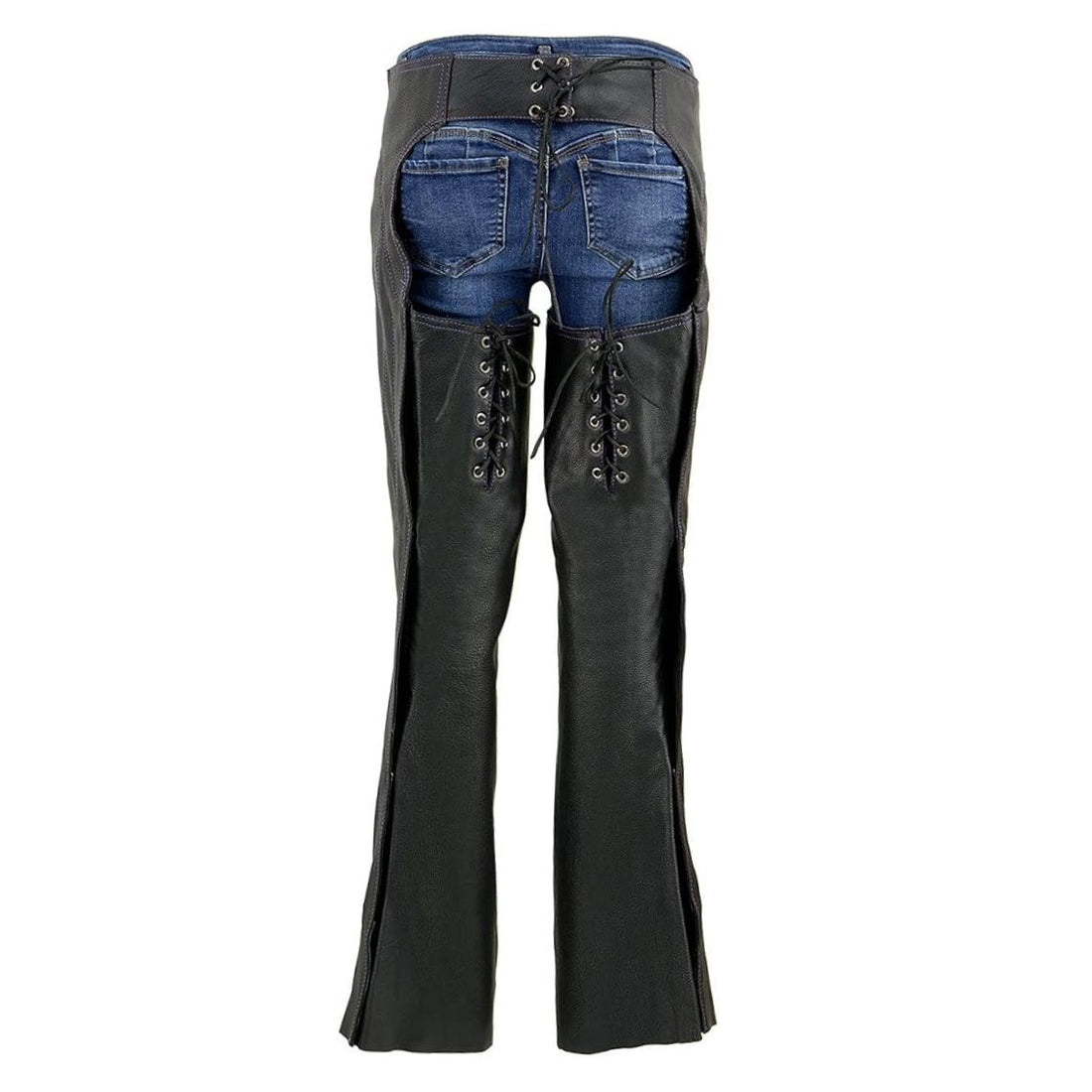 Women’s studded black leather motorcycle chaps front view with side zipper and belt closure