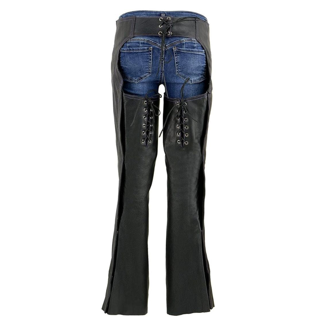 Back view of women’s leather biker chaps with adjustable lace-up design and fitted silhouette