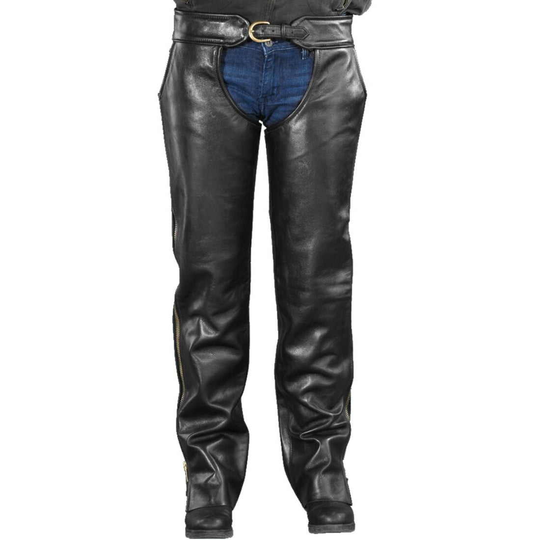 Women stylish black leather motorcycle chaps front view with belt