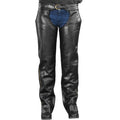 Women stylish black leather motorcycle chaps front view with belt