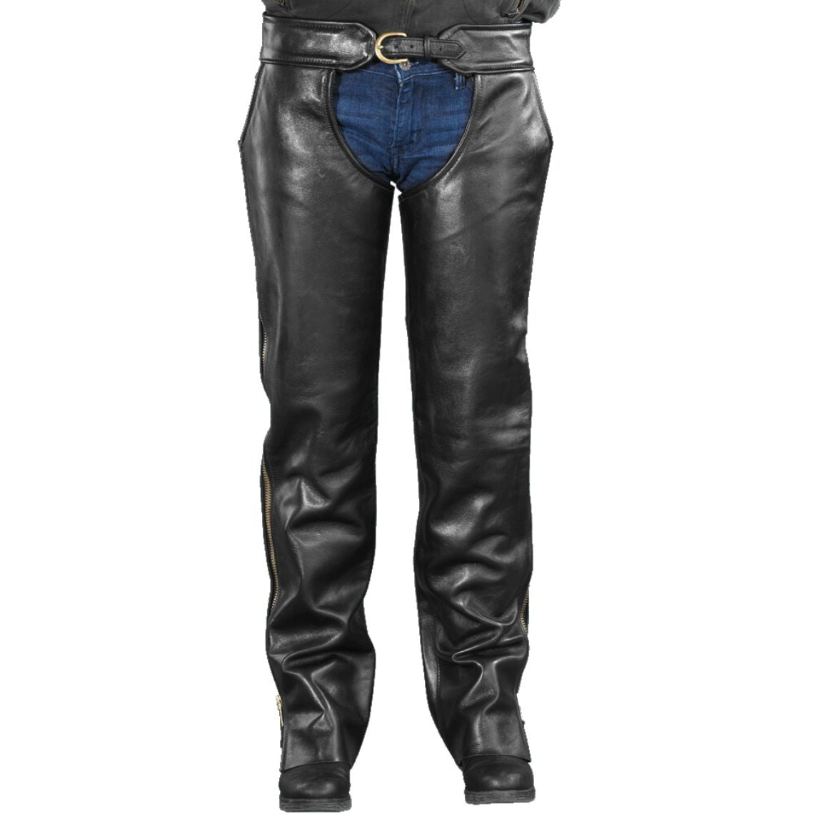 Women stylish black leather motorcycle chaps front view with belt