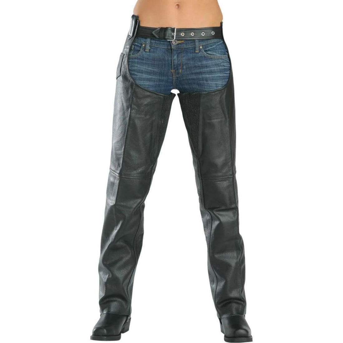 Women vintage black leather motorcycle chaps front view slim fit