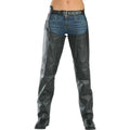 Women vintage black leather motorcycle chaps front view slim fit