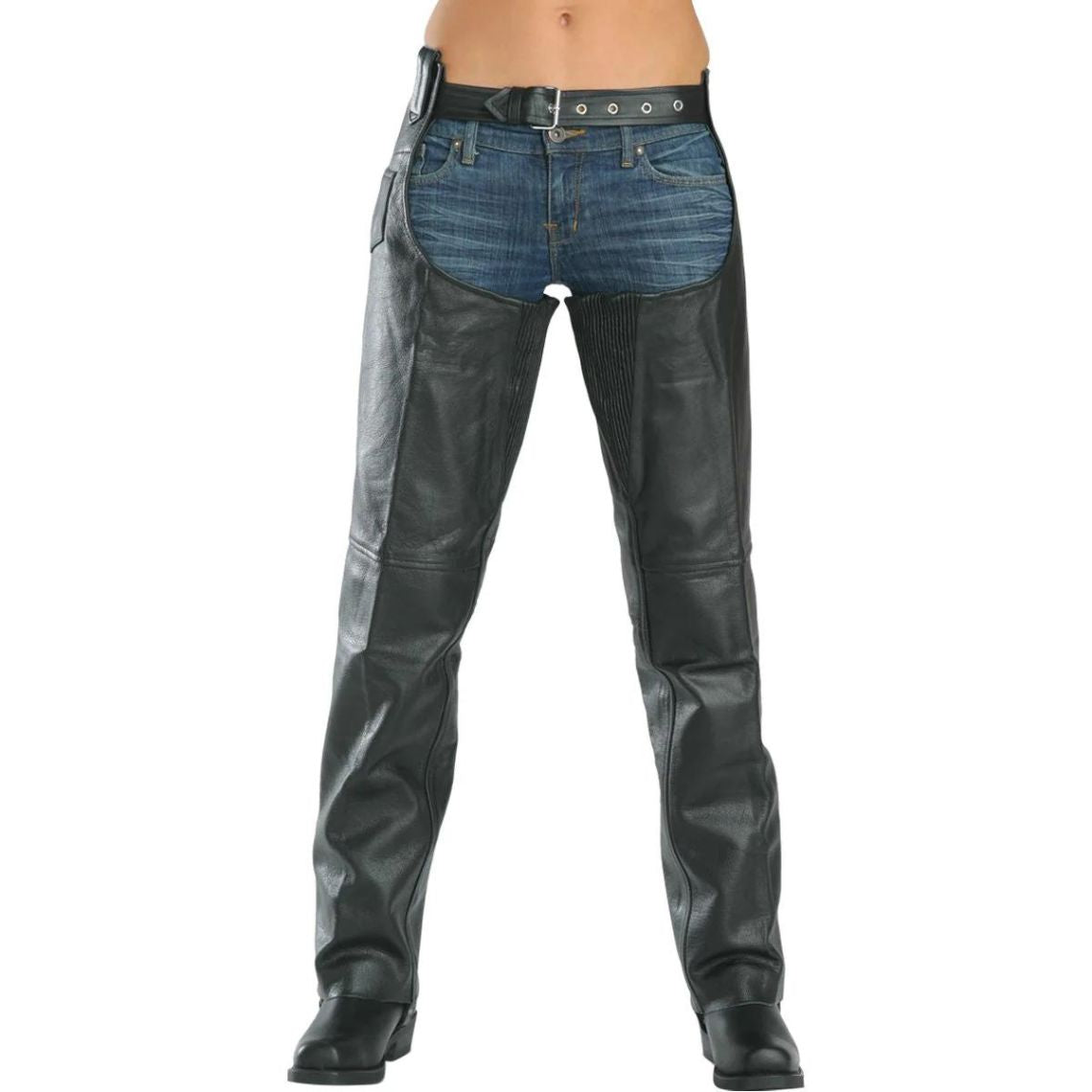 Women vintage black leather motorcycle chaps front view slim fit