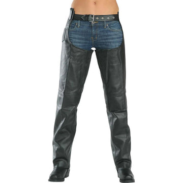 Women vintage black leather motorcycle chaps front view slim fit