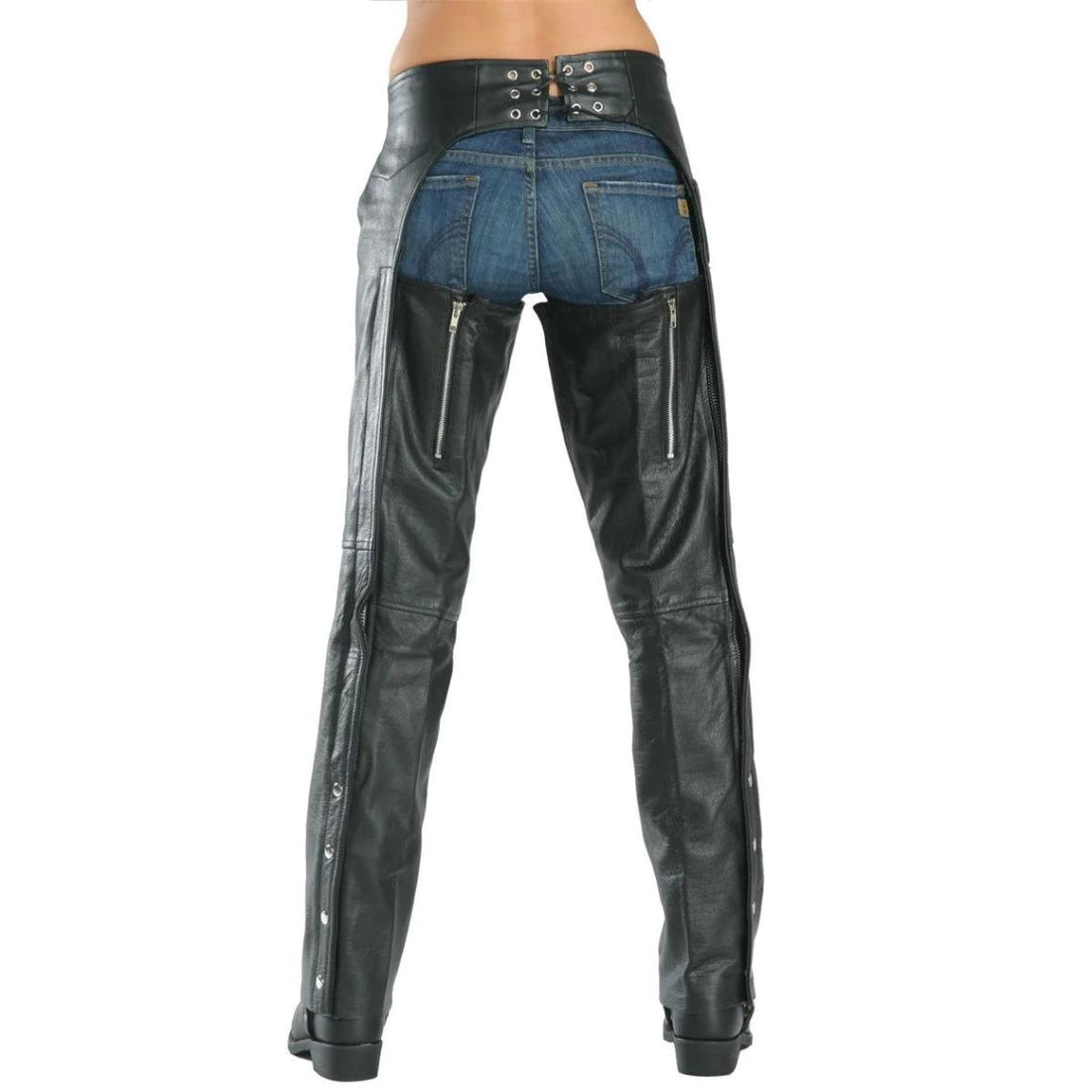 Women vintage black leather motorcycle chaps front view slim fit