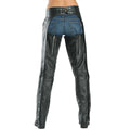 Women black leather chaps back view with zipper pockets and lace-up waistband