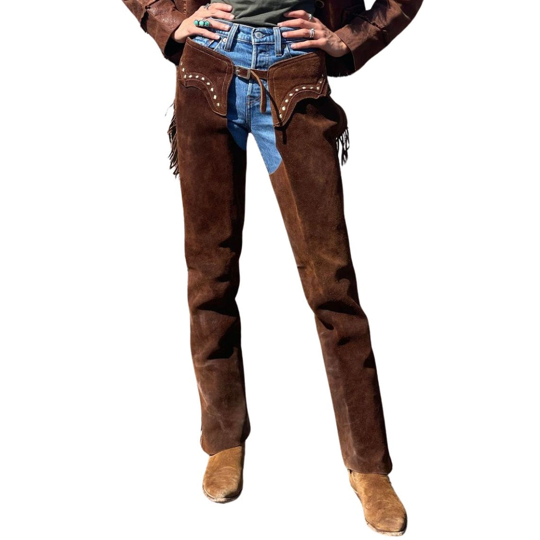 Women’s vintage brown suede western chaps front view with studded detail