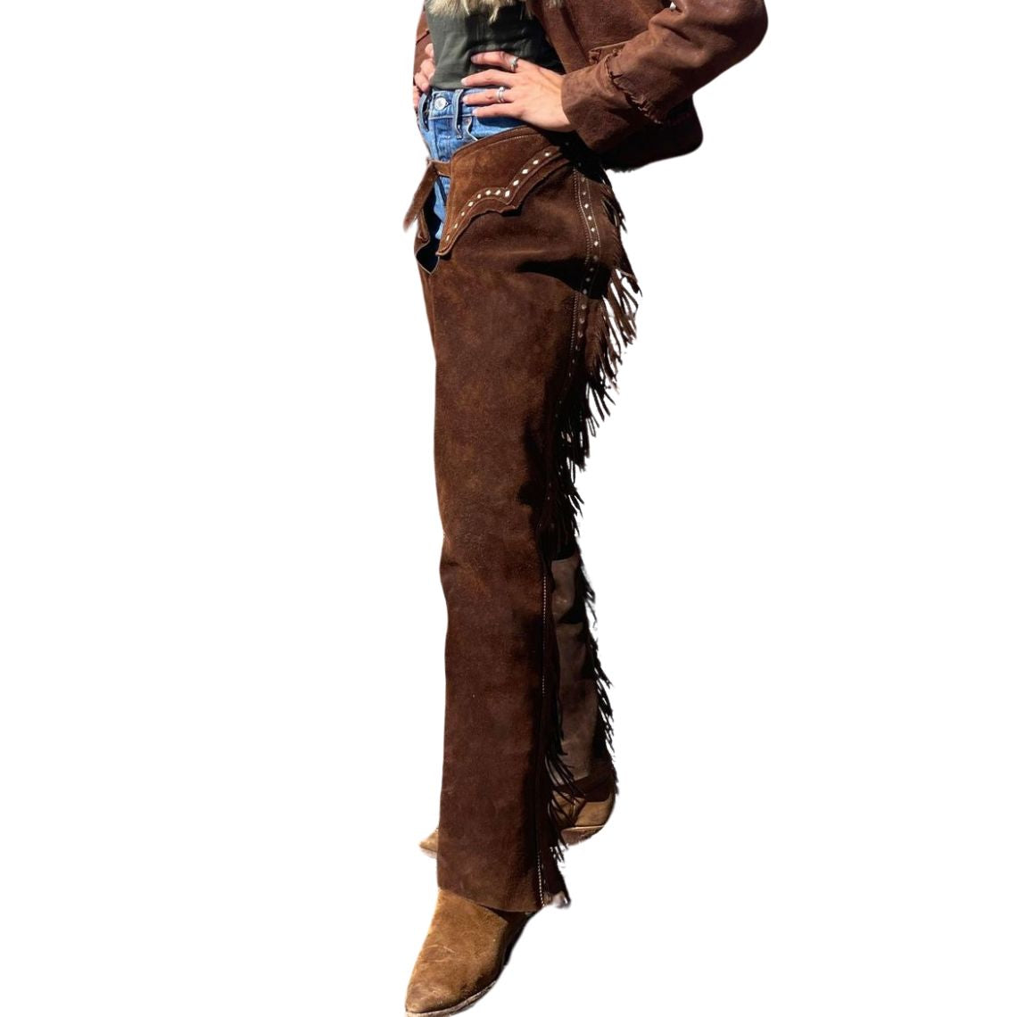 Side view of brown cowgirl chaps with long fringe styling