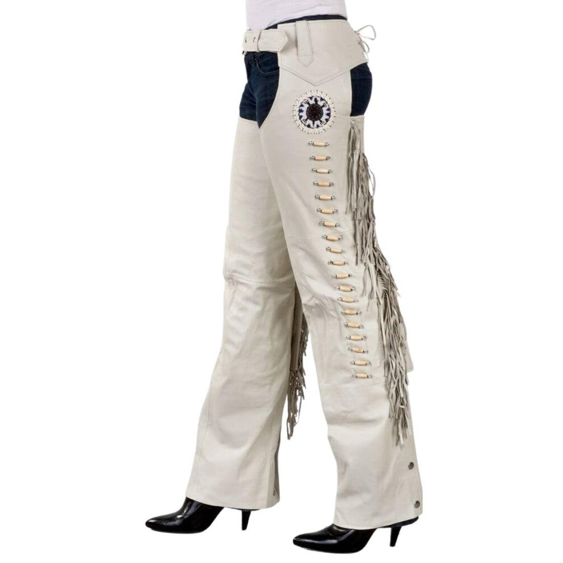 Women white leather fringe motorcycle chaps side view with concho detail