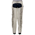 Women white leather chaps back view with fringe and lace-up waistband