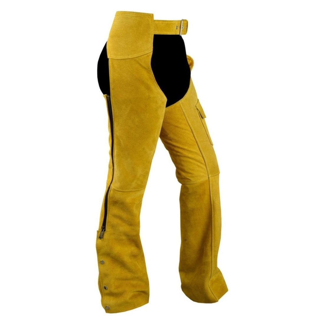 Women’s yellow suede western chaps side view with zipper and pocket