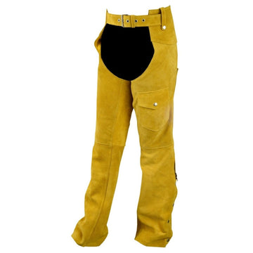 Women’s yellow suede western chaps side view with zipper and pocket