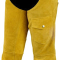 Close-up of suede chaps showing utility pocket detail