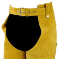 Waist detail of yellow western chaps with belt closure