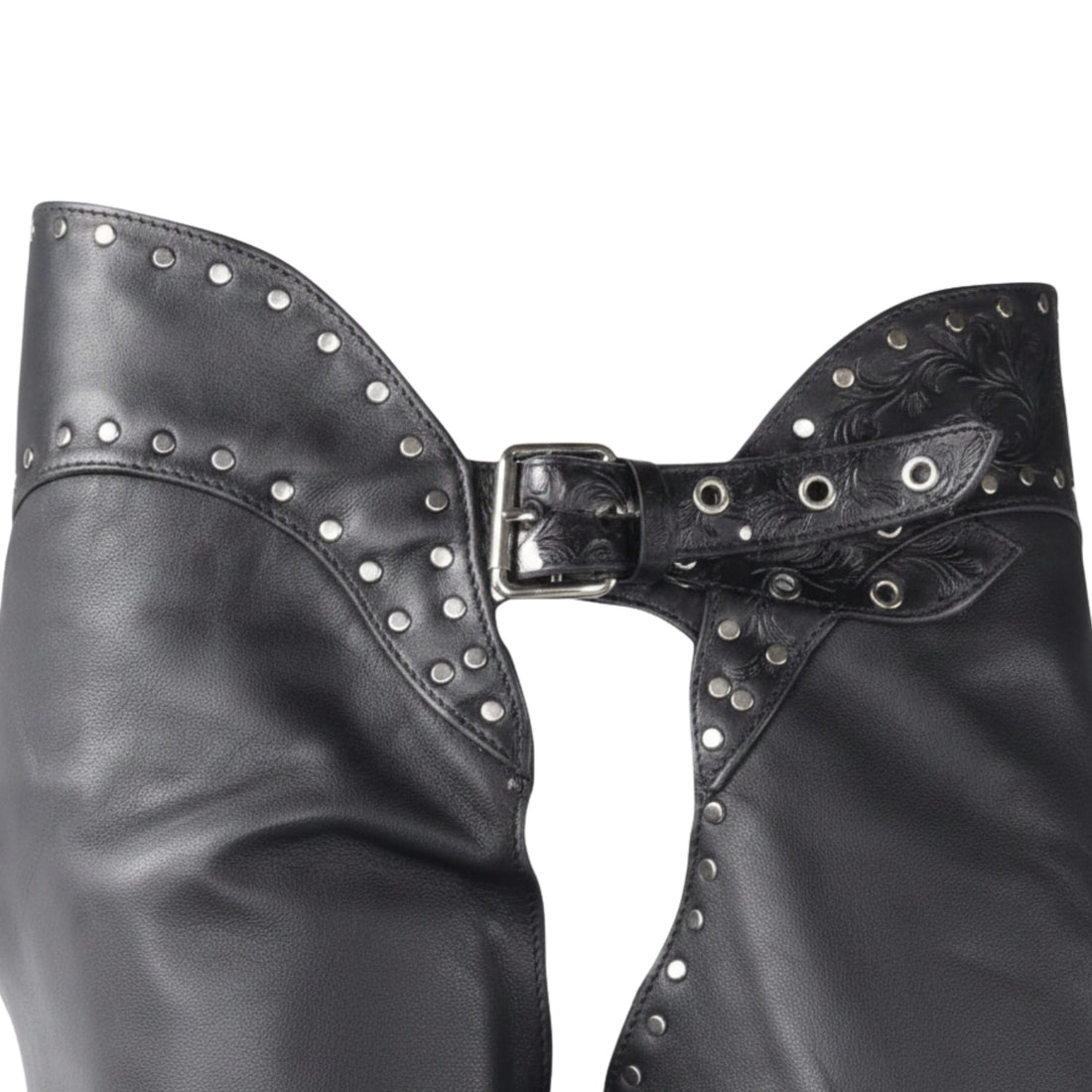 Angled front view of women’s studded biker leather chaps

