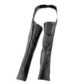 Side view of women’s black open-back motorcycle leather chaps