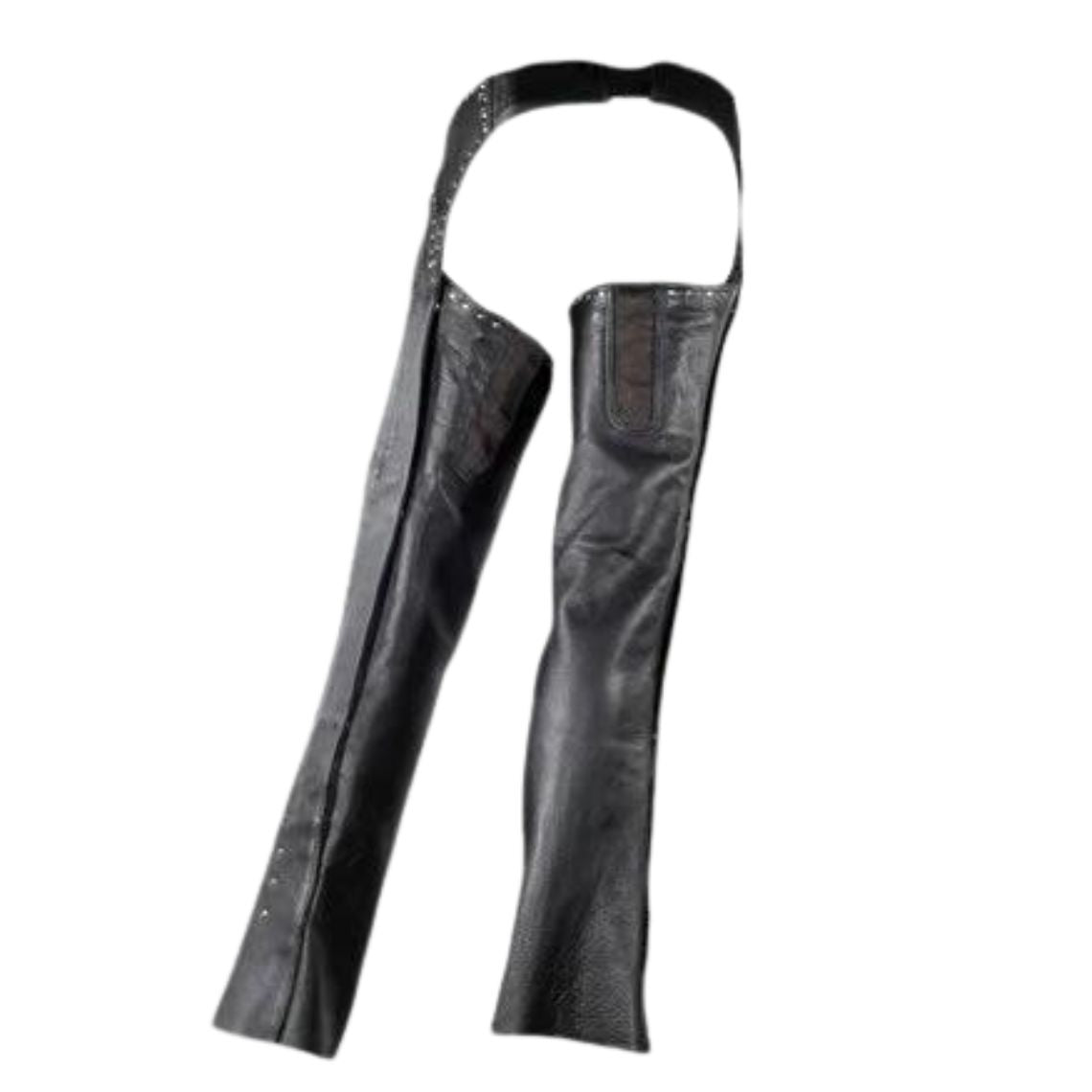 Side view of women’s black open-back motorcycle leather chaps
