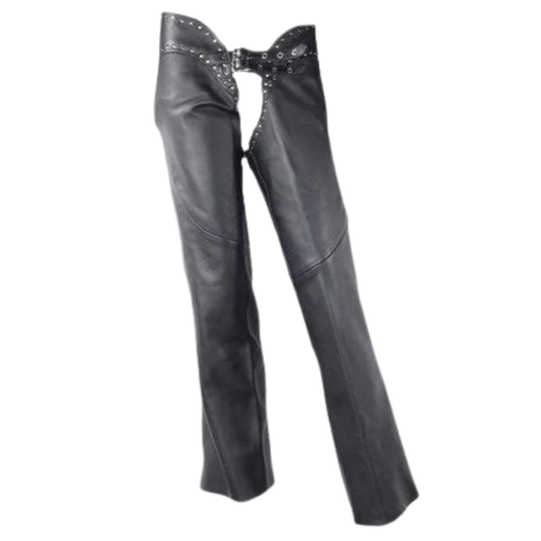 Angled front view of women’s studded biker leather chaps

