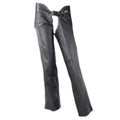 Angled front view of women’s studded biker leather chaps

