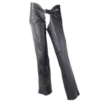 Angled front view of women’s studded biker leather chaps


