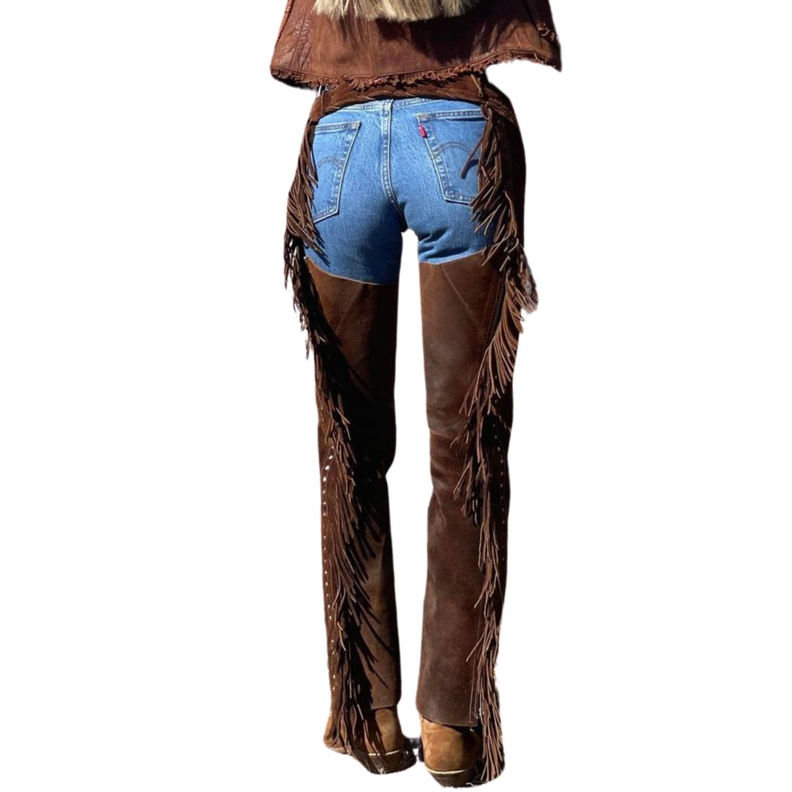 Women vintage western suede chaps back view with fringe