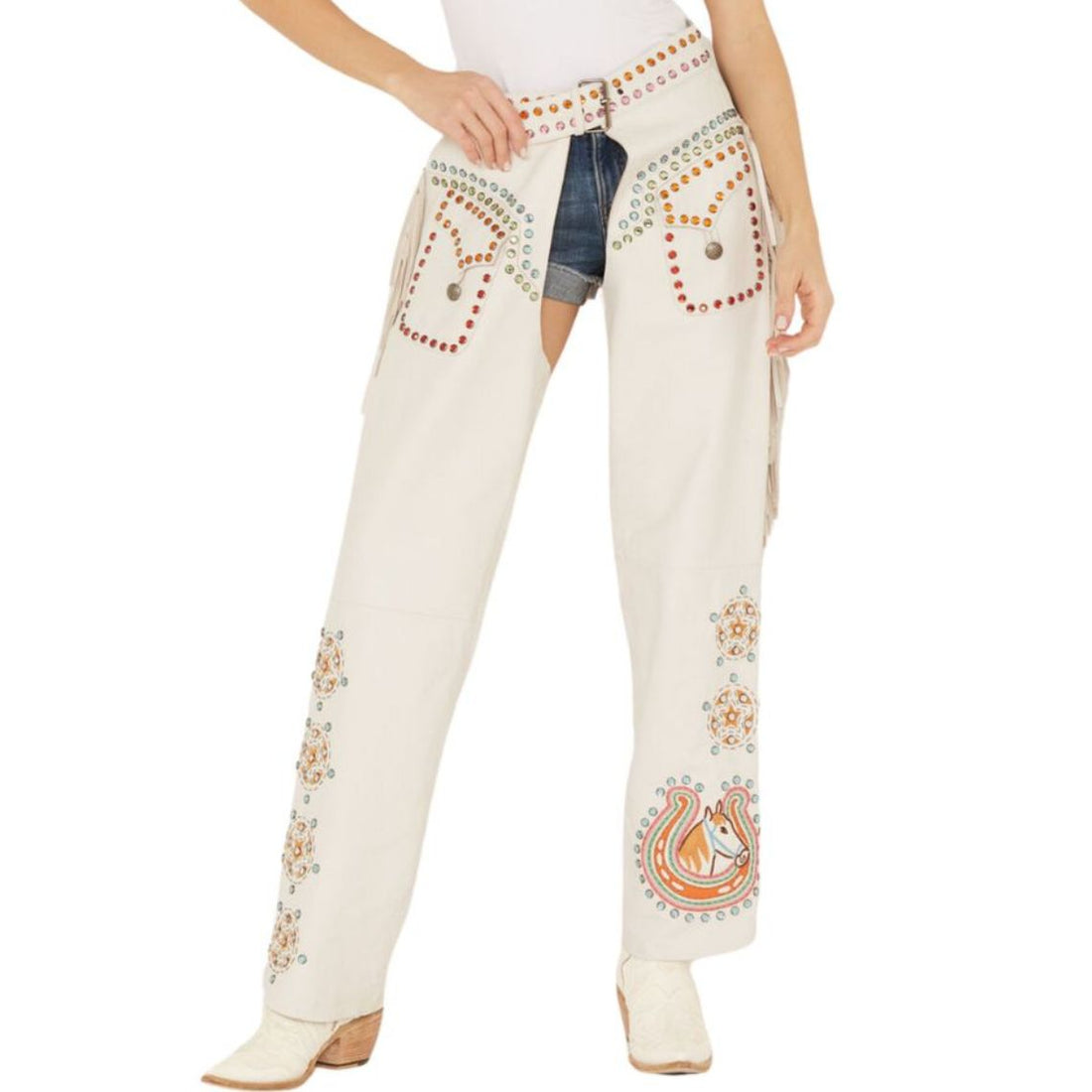 Women white leather fringe chaps with colorful studs front view