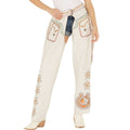 Women white leather fringe chaps with colorful studs front view