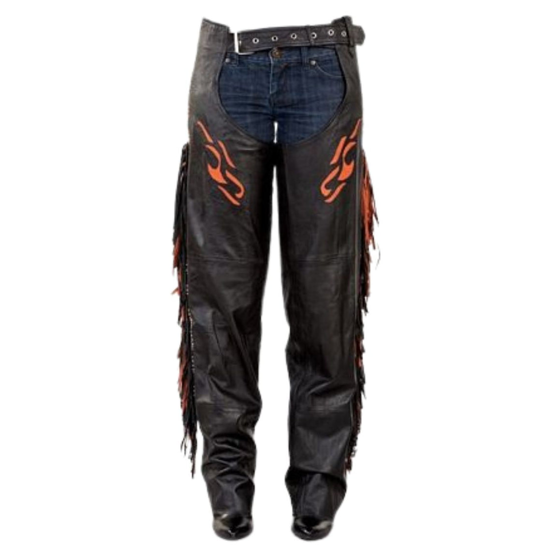 Womens black leather fringe chaps with orange embroidery front view