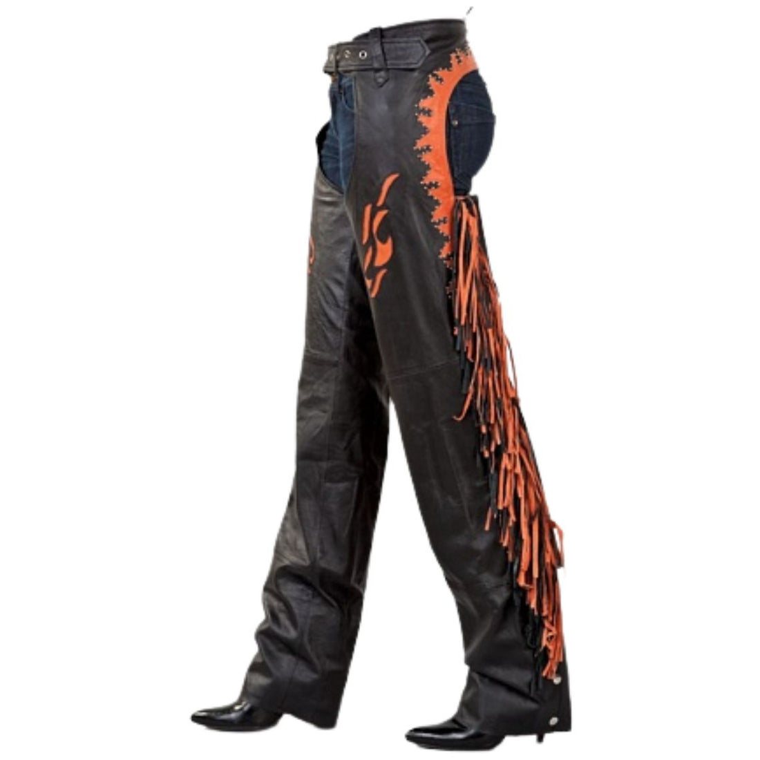 Womens black leather fringe chaps with orange embroidery front view